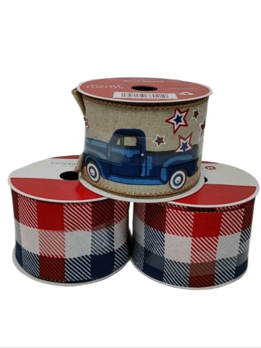 NEW 3 Wired Ribbon Bundle Celebrate It Plaid Farm Truck Stars Red White and Blue